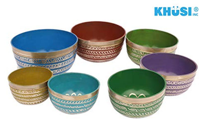 Khusi Tibetan Singing Bowl Set of 7, Handmade, 7 Colors, Chakra Healing, Relaxation, Stress Relief, Comes with Silk Cushions, 4 Sticks and Brocade Box