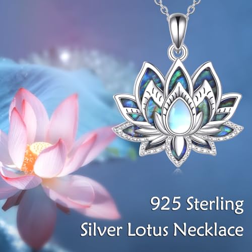 YFN Lotus Necklace for Women 925 Sterling Silver - Moonstone Lotus Flower Pendant - Spiritual Yoga Jewelry Gift - Dainty Silver Necklace for Meditation, Healing, & Everyday Wear - Adjustable 18+2" Chain