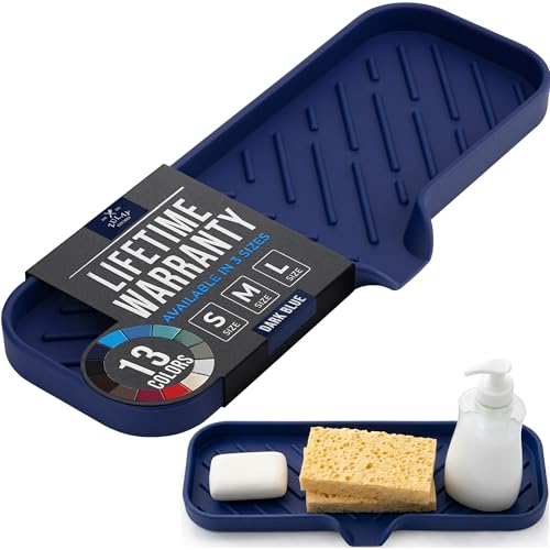 Zulay Kitchen Large Silicone Sponge Holder (12x4) – Flexible Sink Organizer Tray for Kitchen & Bathroom – Multipurpose Soap Dish for Sponges, Makeup, Trinkets & More (Dark Blue) - color: Dark Blue, size: Large (12x4)