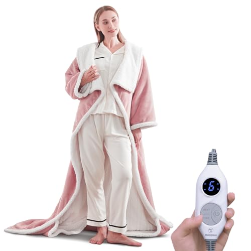 Westinghouse Electric Snuggle Throw Blankets with Foot Pocket, Wearable Heated Blanket with Sleeves, 6 Heating Levels & 2 to 10 Hours Heating Time Settings, 50 * 70"+18", Pink - color: Pink&ivory, size: 70*50" Heated Snuggle Blanket
