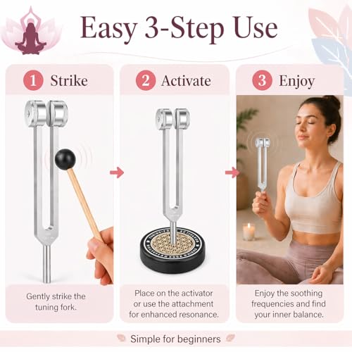 Tuning Forks for Healing Set, 128Hz 136.1Hz OM 256Hz 384Hz, Aluminum Alloy Sound Therapy Kit for Meditation, Yoga, Chakra Balancing and Reiki, Includes Mallet, Activator and Pouch