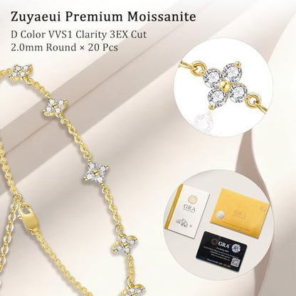 Dainty Moissanite Clover Bracelet for Women, D Color VVS1, Cute Stackable Adjustable 14K Gold/White Gold Plated Bracelet, Non Tarnish Trendy Waterproof Jewelry, Friendship Love Gift for Her