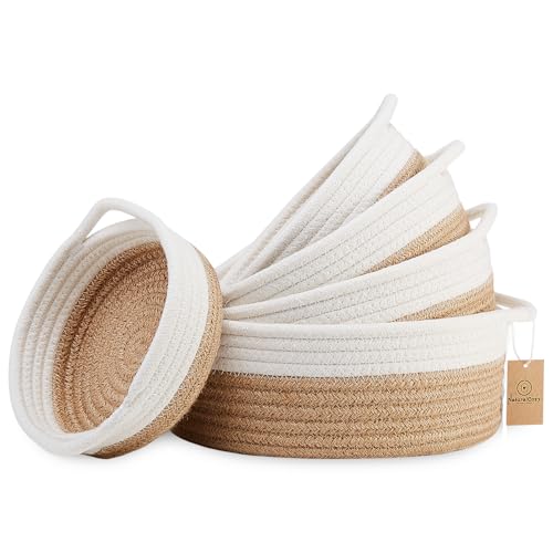 NaturalCozy 5-Piece Round Woven Cotton Rope Storage Baskets for Organizing, Small Shallow Nesting Set for Montessori Toys, Entryway Catchall, Fruit Bowl, Key Tray, Remote Holder, Nursery & Pet Toys - color: Off White & Jute