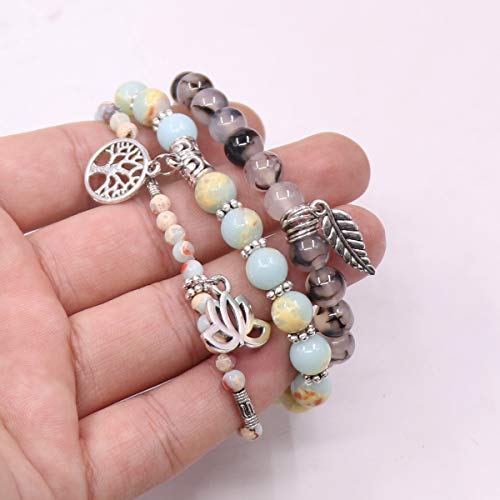 Tree of Life Yoga Healing Stone Bracelets,Multilayer Lotus Chakra Stone Reiki Bracelet Sets,Anxiety Crystal Natural Stone,for Women Stress Relief - style: Light cyan + Dragon pattern Stone