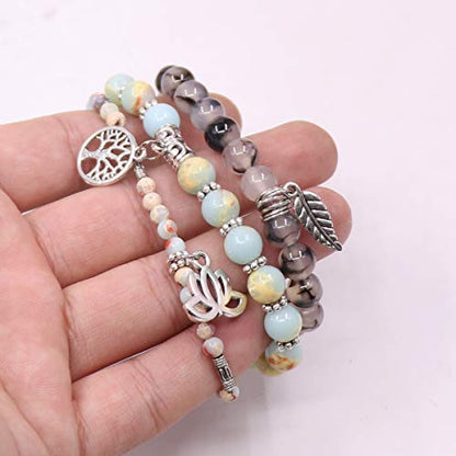 Tree of Life Yoga Healing Stone Bracelets,Multilayer Lotus Chakra Stone Reiki Bracelet Sets,Anxiety Crystal Natural Stone,for Women Stress Relief - style: Light cyan + Dragon pattern Stone