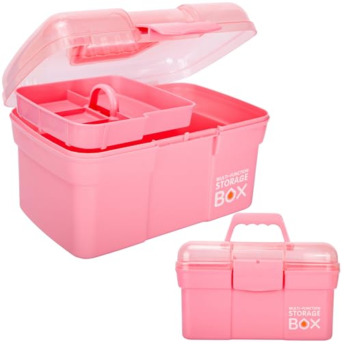 11in Mutipurpose Storage Box Organizer with Removable Tray, Portable Small Craft Organizer with Handle, Plastic Clear Tool Box Art Case for Makeup, Sewing, Nail, Hair Accessories (Pink) - color: Pink
