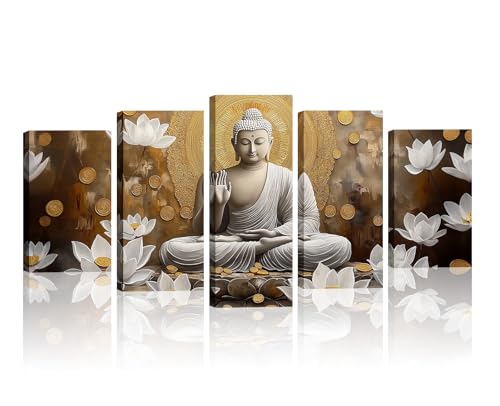 5 Piece Buddha Canvas Art Zen Wall Decor Framed Buddhism Meditation Picture White Lotus Prints for Spiritual Room Living Room Home Decor Ready to Hang - 8x14inx2 8x18inx2 8x22inx1 - color: Picture-8, size: 40x22 inch
