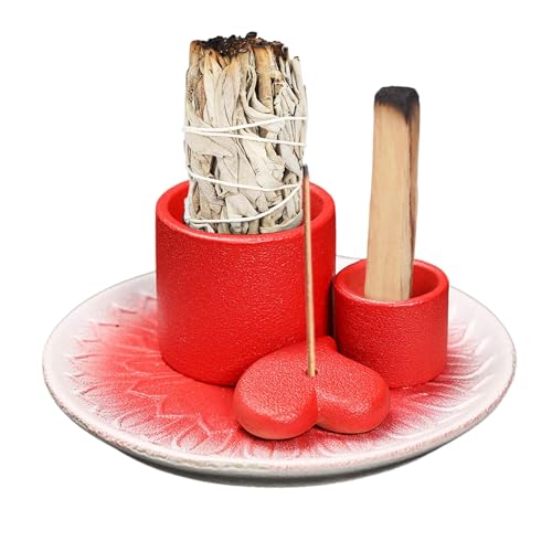 Multi-Use Meditation Tray, Ash Catcher Ceramic Incense Burner Holder for Palo Santo, Sage Sticks & Candles, Easy-Clean Design for Meditation Rooms, Yoga Studios & Home Altars (Red_01) - color: Red_01