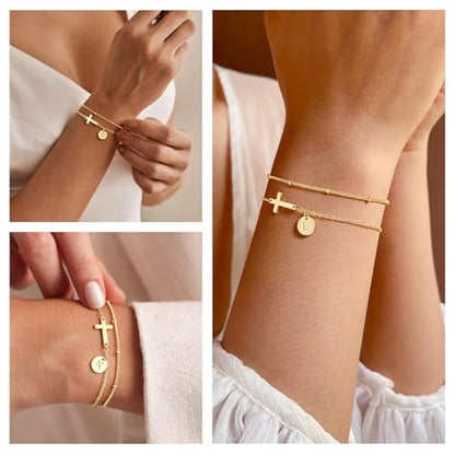 M MOOHAM Layered Initial Cross Bracelets for Women Teen Girls - 14K-Gold-Plated Disc Letter A-Z Cross Bracelet Jewelry Christian Gifts for Women Baptism Confirmation Gift for Teen Girls - color: M