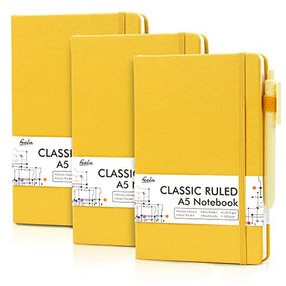 feela 3 Pack Notebooks Journals Bulk with 3 Black Pens, A5 Hardcover Notebook Classic Ruled Lined Journal Set with Pen Holder for Work Business Journaling Note Taking, 120 GSM, 5.1”x8.3”, Yellow - color: 3 Pack yellow