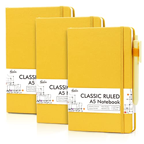 feela 3 Pack Notebooks Journals Bulk with 3 Black Pens, A5 Hardcover Notebook Classic Ruled Lined Journal Set with Pen Holder for Work Business Journaling Note Taking, 120 GSM, 5.1”x8.3”, Yellow - color: 3 Pack yellow