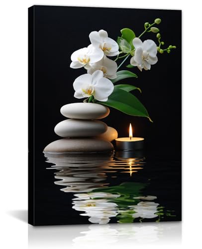 GLOKAKA Zen Canvas Wall Art White Orchid Floral Spa Stones Candle in Water Picture Prints Zen Still Life Painting for Yoga Spa Meditation Spiritual Room Bathroom Wall Decor(Artwork-1,16"x20") - color: Artwork-1, size: 20"L x 16"W