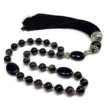 Mala Prayer Beads - Mala Necklace - Tibetan Mala Prayer Beads Meditation Beads Yoga Necklace - color: (POCKET MALA)-Silver Sheen Obsidian Natural Stone -8 mm- 27 Beads