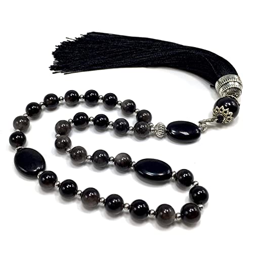 Mala Prayer Beads - Mala Necklace - Tibetan Mala Prayer Beads Meditation Beads Yoga Necklace - color: (POCKET MALA)-Silver Sheen Obsidian Natural Stone -8 mm- 27 Beads