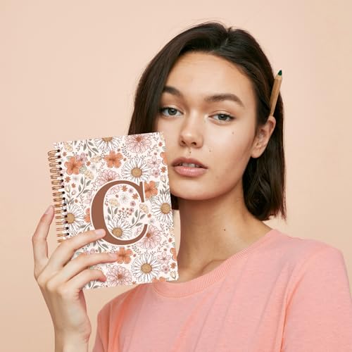 Initial Letter C Floral Notebook Journal, Personalized Monogrammed Gifts Journaling Notebooks for Women Teen Girls, Notebooks for Work, Boho Flowers Daisy Spiral Notebook, 5.5x8.3