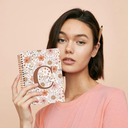 Initial Letter C Floral Notebook Journal, Personalized Monogrammed Gifts Journaling Notebooks for Women Teen Girls, Notebooks for Work, Boho Flowers Daisy Spiral Notebook, 5.5x8.3