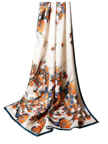 100% Mulberry Silk Oversized Women’s Sun-Shielding Shawl Formal Evening Neckwear Featherlight Airy - color: N2-autumn Bloom Scarf（69" X 21"inch）