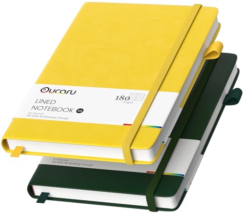 Oucaru Lined Journal Notebook, 2 Pack, 180 Pages, A5 Journals for Writing, 100 GSM Thick Paper, Small Notebooks Daily Journal for Women Men Work, Business, School, Travel Supplies - color: Yellow & Forest Green, size: 2 Pack