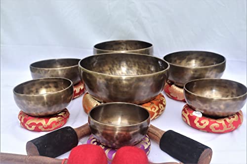 Singing Bowl set of 7-Antique Hand hammered Seven chakra Singing Bowls for chakra healing, meditation, sound balancing-Crafted in Nepal.