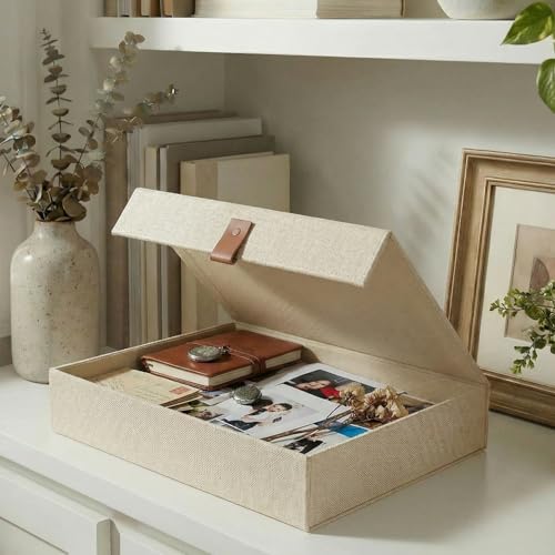 ZICOTO Decorative Photo Storage Box with Lid - A Beautiful Linen Organizer Perfect to Safely Store Your Pictures, Documents, Scrapbooking Supplies, Keepsakes and Other Memories in Style - color: Ivory