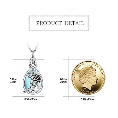 JUSTKIDSTOY Moonstone Urn Necklace for Ashes Sterling Silver Daisy/Rose/Tree Teardrop Pendant Necklace Cremation Jewelry Keepsake Memorial Gifts for Mother Grandma w/Funnel Filler - style: Rose