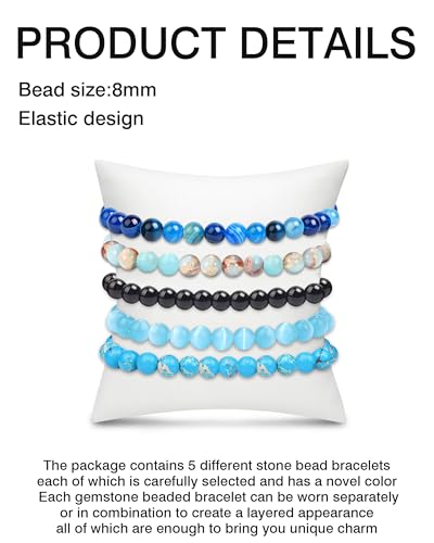 BOMAIL 5Pcs Healing Crystal Bracelets for Women 8mm Natural Stone Beaded Stretch Bracelet Set Handmade Semi-Precious Gemstone Bracelets - color: A
