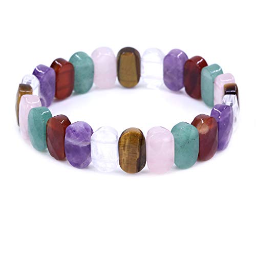 Keleny Semi Precious Stones 14mm Faceted Oval Beads Crystal Rock Elastic Bangle 7.5 Inch - color: Assorted Stones
