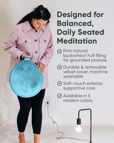 Mindful Modern Velvet Meditation Cushion | Luxe Zafu Yoga Floor Pillow Seat | Posture Support | Buckwheat Hull Filled | Large Round Cushion with Removable Washable Cover + Carry Handle