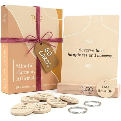 Mindful 60 Positive Affirmation Cards for Women with 10 Inspirational Tokens, 2 Rings & Display Stand, Daily Affirmations for Inspiration & Self Care, Unique Gift Cards for Women and Men