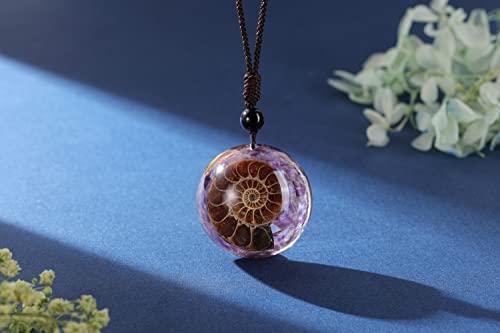 Jovivi 7 Chakra Gemstone Reki Healing Crystal Necklace Round Circle Shape Ammonite Fossil Resin Chip Stones Pendant Necklace for Women Men Life Tree Jewelry Christmas Gifts - color: Ammonite Fossil - Amethyst