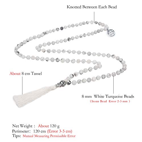 108 Mala Beads Necklace Semi-Precious Gem Stones Meditation Necklace 108 Hand Knotted Japa Mala Beaded Tassel Necklace with Tree of Life Pendant - color: Natural White Howlite