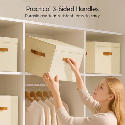 Large Storage Bins with Lids - Front Opening Fabric Storage Bins, Flap Closet Organizer with Handles, Collapsible Boxes with Lid, Decorative Basket for Home, Dorm, 2 Pack, Beige
