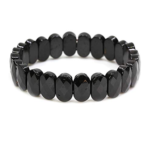Keleny Semi Precious Stones 14mm Faceted Oval Beads Crystal Rock Elastic Bangle 7.5 Inch - color: Black Tourmaline