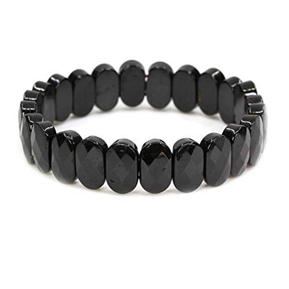 Keleny Semi Precious Stones 14mm Faceted Oval Beads Crystal Rock Elastic Bangle 7.5 Inch - color: Black Tourmaline