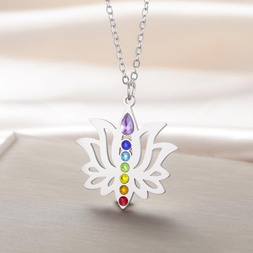 VASSAGO Lotus Flower Chakra Necklace for Women Lotus Flower Necklace 7 Chakra Pendant OM Symbol Buddha Amulet Spiritual Healing Jewelry Yoga Meditation Gift - color: Silver