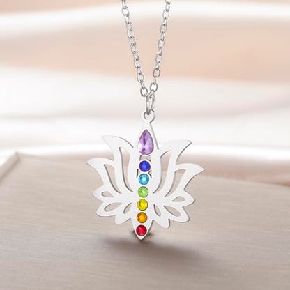 VASSAGO Lotus Flower Chakra Necklace for Women Lotus Flower Necklace 7 Chakra Pendant OM Symbol Buddha Amulet Spiritual Healing Jewelry Yoga Meditation Gift - color: Silver