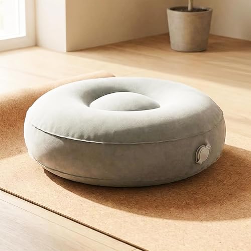 BOWERY HILL Fabric Round Inflatable Travel Meditation Cushion, Light Gray, 16 in x 5.5 in, Adjustable Air Chamber, Durable Flocked Microfiber, Lightweight Portable Design with Carry Case, Yoga or