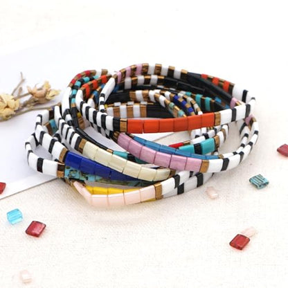 Summer Candy Colors Tila Flat Seed Beads Stretch Strand Bracelet for Women- Trendy Unique Friendship Handmade Mixed Colorful Square Beaded Link Bracelets Stackable Jewelry Gifts - color: 0080D