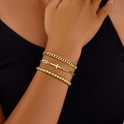 3mm Diamond Classic Tennis Bracelet for Women Dainty, Gold Jesus Cross Bracelets Trendy, 14K Gold Plated Heart/Evil Eye/Pearl/Starfish & Seashell Charm Bracelets for Women Bulk - style: Cross Beaded Cuban-Gold