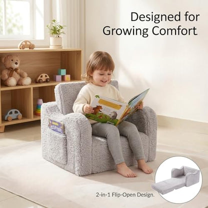 MOMCAYWEX Kids Sofa, 2-in-1 Flip-Out Foam Couch with Soft Sherpa Cover, Cozy Play Lounge Chair, Grey - color: Grey, size: Medium