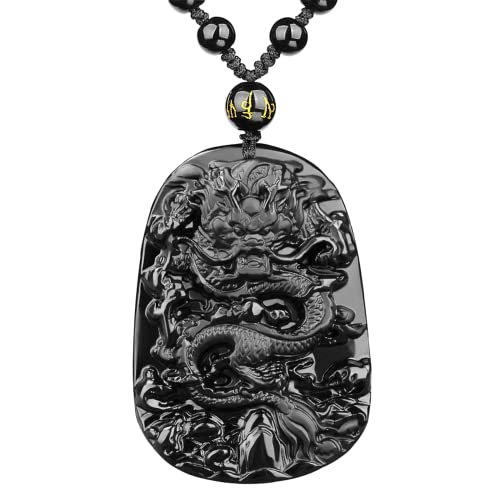 Black Obsidian Necklace Protection Pendant with Extended Bead Chain Healing Crystal Stone Amulet Necklace for Men Women - color: DragonA