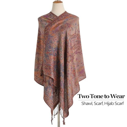 Paisley Pashmina Rave Shawl Scarf-Women's Reversible Ethnic Jacquard Pashmina Wraps for Travel - color: A#. Coffee