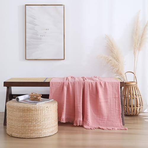 100% Cotton Muslin Throw Blanket for Bed, Couch, Small, Decorative, Soft, Pre-Washed, Breathable and Lightweight Gauze Blanket with Tassels, Pink, 50"x60" - color: Pink