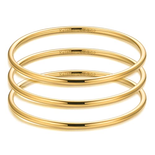 Kainier 3mm 14K Gold Plated Bracelet Stainless Steel Glossy Stackable Thin Round Bangle Bracelet for Women Solid Plain Polished Bracelet Best Gifts for Love - color: 3PCS Gold, size: 8.0 Inches