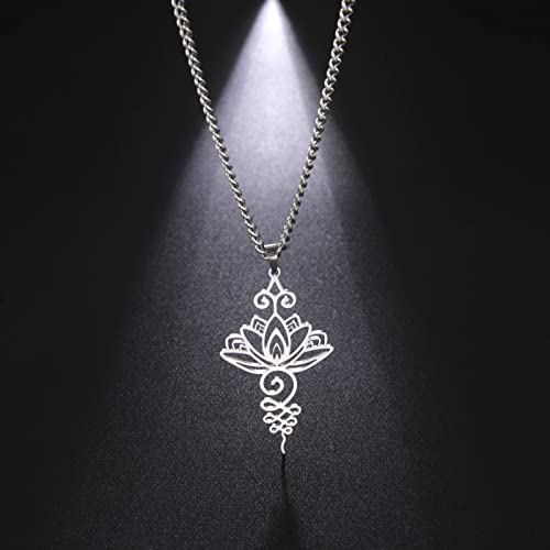 TEAMER Lotus Necklace Stainless Steel Flower of Life Necklace Yoga Meditation Pendant Inspirational Jewelry For Women - color: Style 1 - Silver