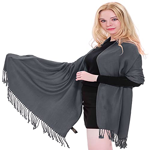 CJ Apparel Solid Color Tassels Design Nepalese Shawl Scarf Wrap Stole Throw Head Wrap Pashmina Gift Hand Made in Nepal New - color: Dark Grey A1038