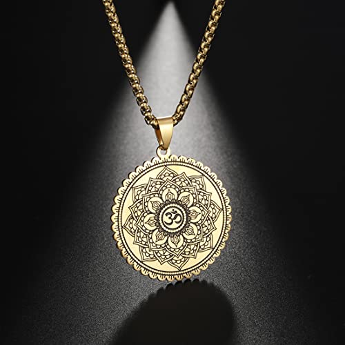 Mandala Om Aum Ohm Men's Necklace Sanskrit Symbol Om Aum Ohm Spiritual Amulet Indian Lotus Mandala Yoga Pendant Religious Jewelry Men - color: Mandala gold