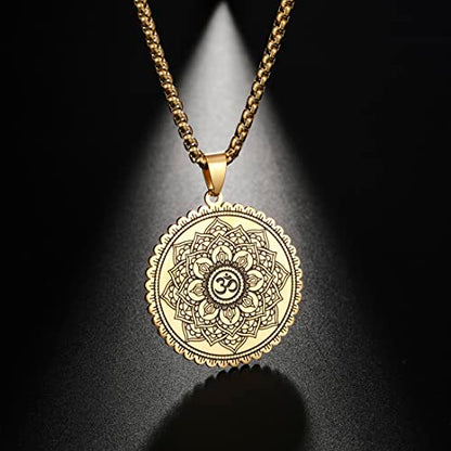 Mandala Om Aum Ohm Men's Necklace Sanskrit Symbol Om Aum Ohm Spiritual Amulet Indian Lotus Mandala Yoga Pendant Religious Jewelry Men - color: Mandala gold