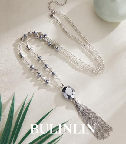 BULINLIN Boho Beaded Long Necklaces for Women Chunky Bead Pendant Necklace with Crystal Tassel Costume Jewelry Gifts for Her - color: Silver