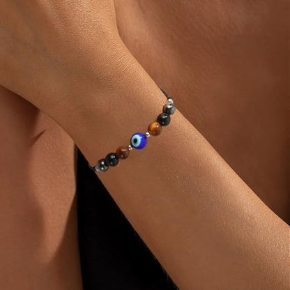 Triple Threat Protection Bracelet for Women,Evil Eye Natural Healing Crystal Beaded Bracelet for Protection - style: Evil Eye Bracelet (Triple Threat)